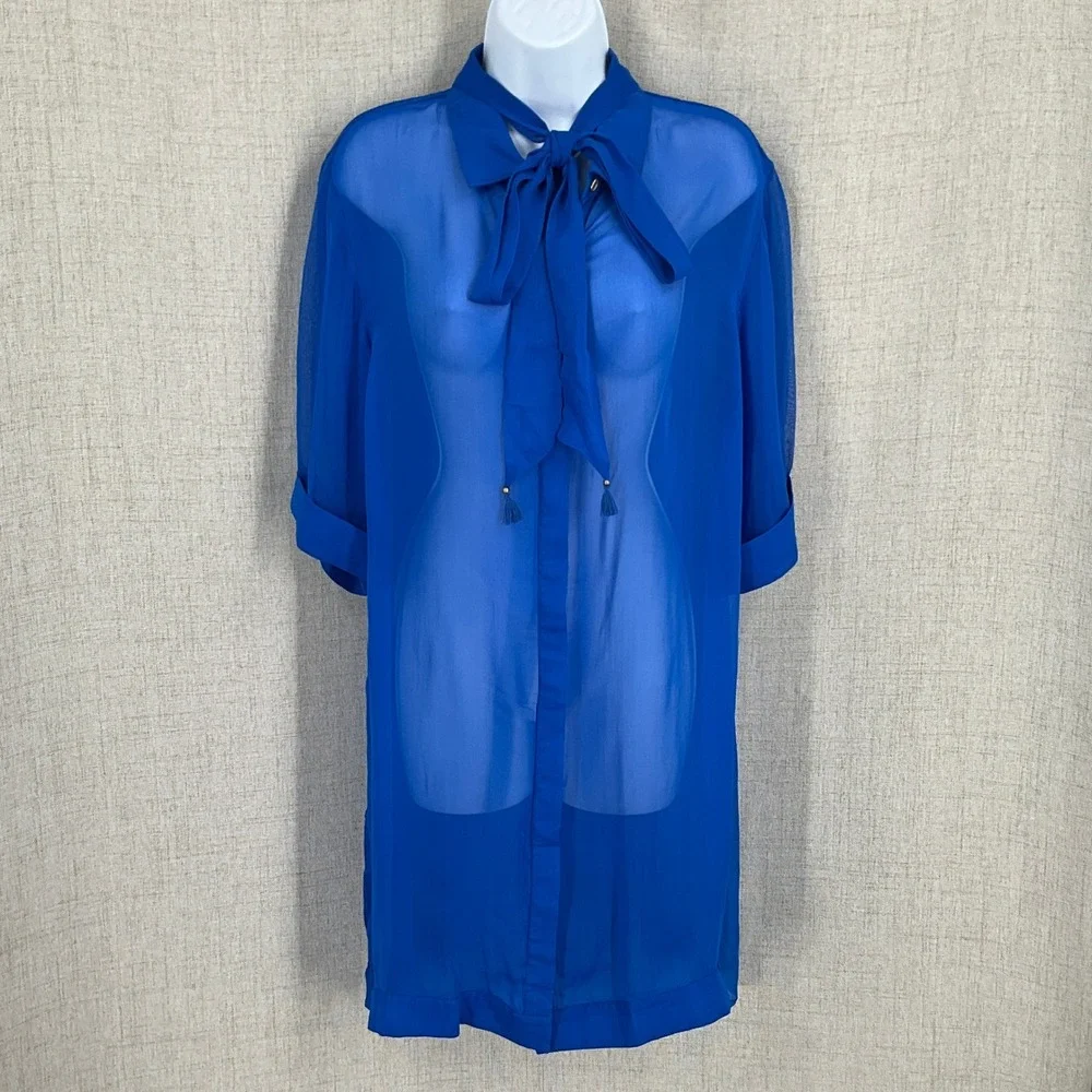 Trina Turk Swim Cover Up Dress Womens Small Blue Sheer Tie Neck Luxury NEW